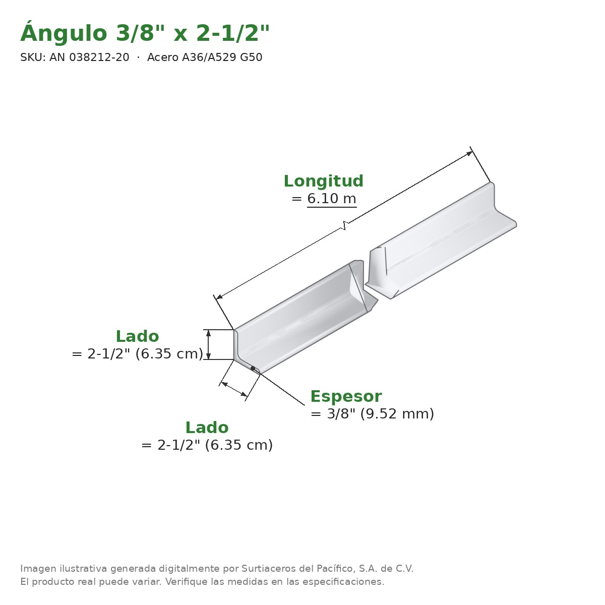 Ángulo 3/8" x 2-1/2" x 6.10 m - Acero A36/A529 G50 - medidas