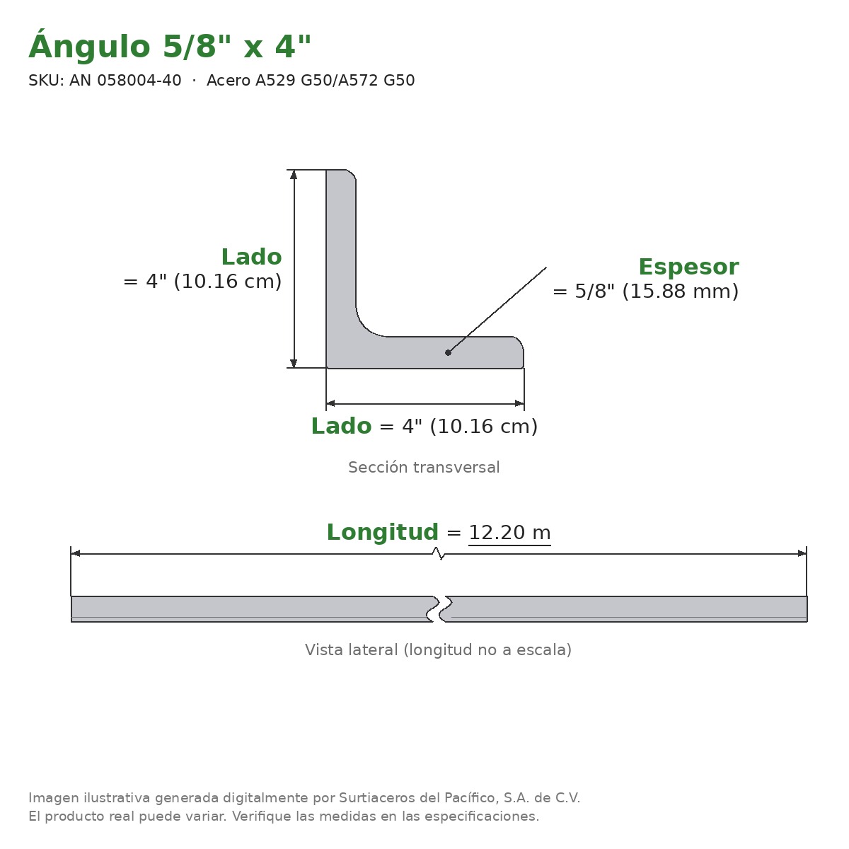 Ángulo 5/8" x 4" x 12.20 m - Acero A529 G50/A572 G50 - sección transversal