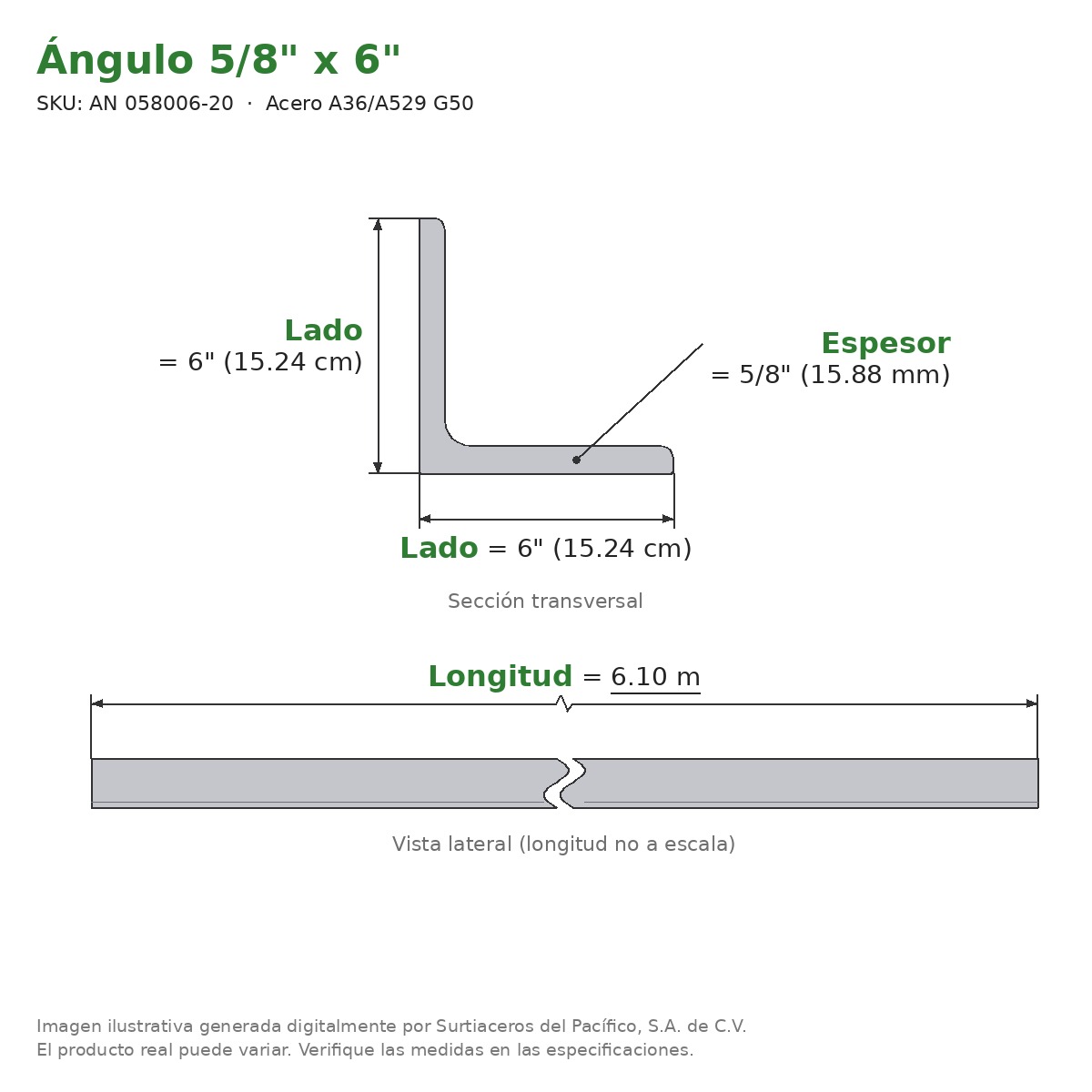 Ángulo 5/8" x 6" x 6.10 m - Acero A36/A529 G50 - sección transversal