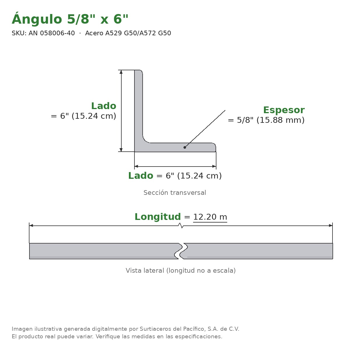Ángulo 5/8" x 6" x 12.20 m - Acero A529 G50/A572 G50 - sección transversal
