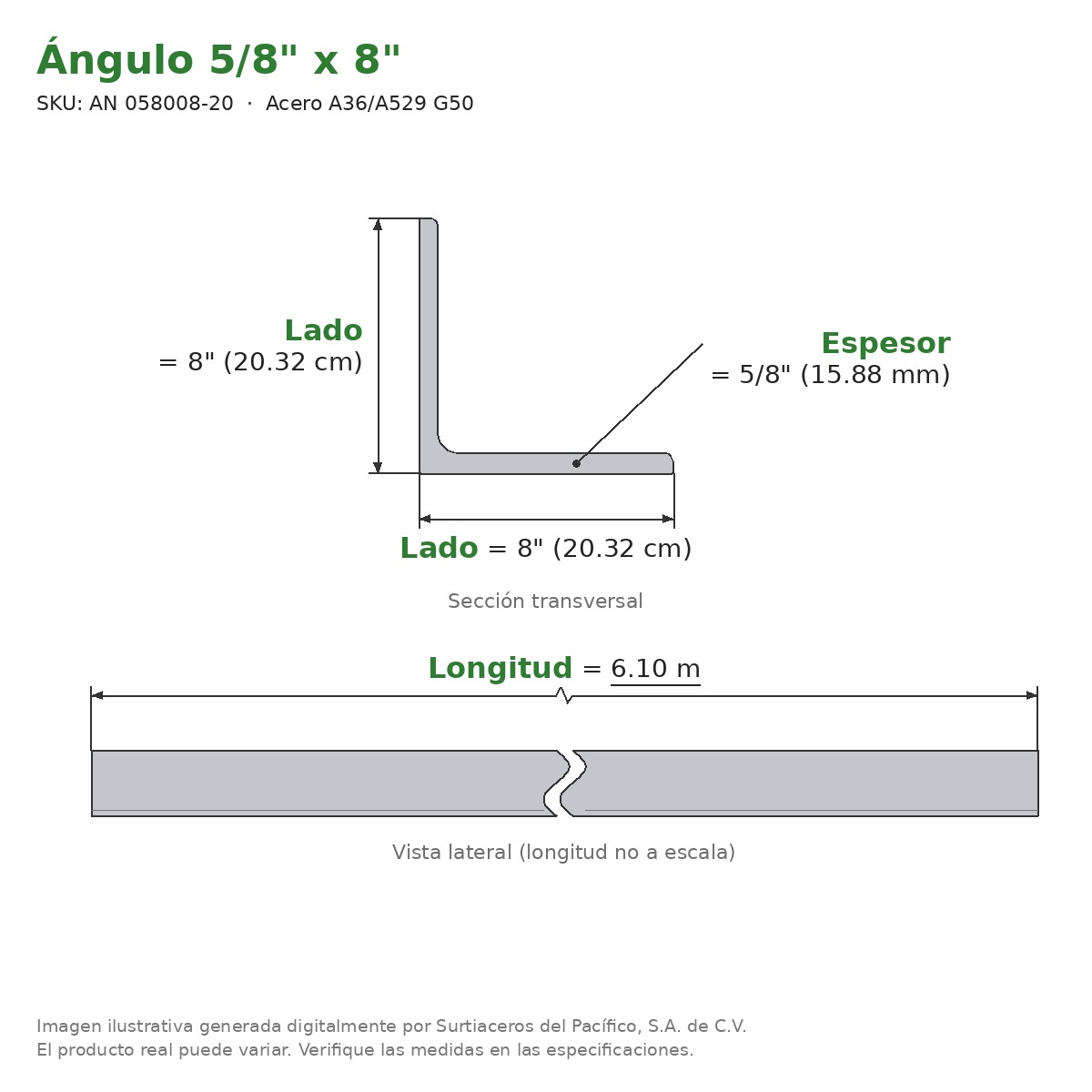 Ángulo 5/8" x 8" x 6.10 m - Acero A36/A529 G50 - sección transversal
