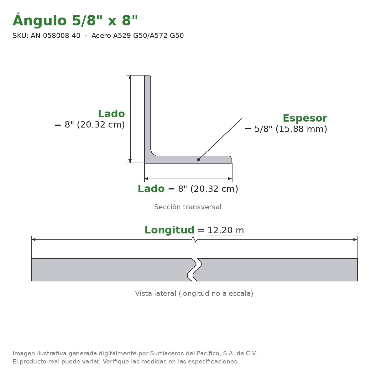 Ángulo 5/8" x 8" x 12.20 m - Acero A529 G50/A572 G50 - sección transversal