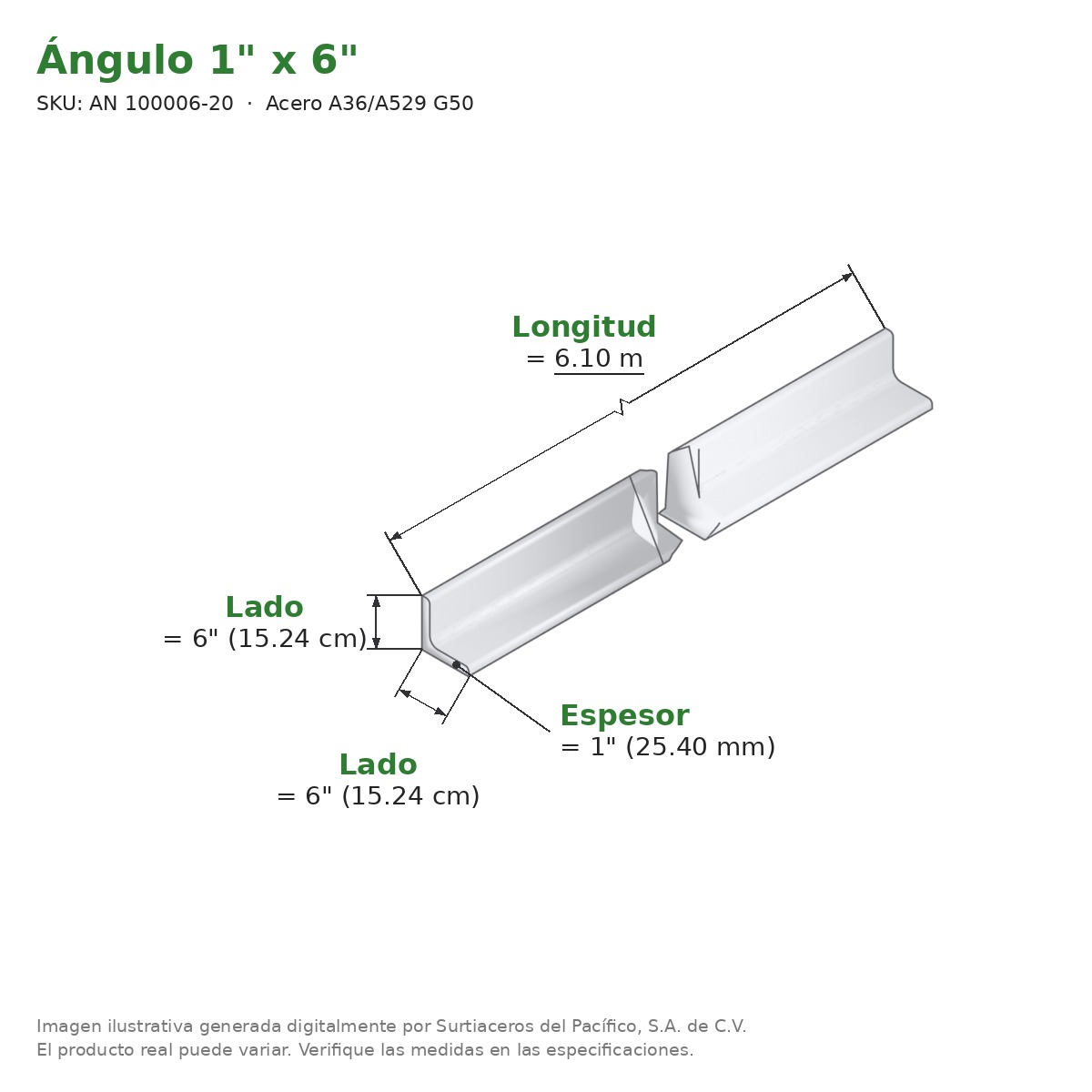 Ángulo 1" x 6" x 6.10 m - Acero A36/A529 G50 - medidas