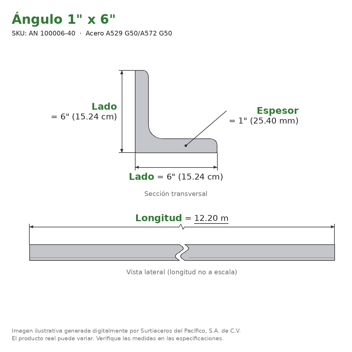 Ángulo 1" x 6" x 12.20 m - Acero A529 G50/A572 G50 - sección transversal