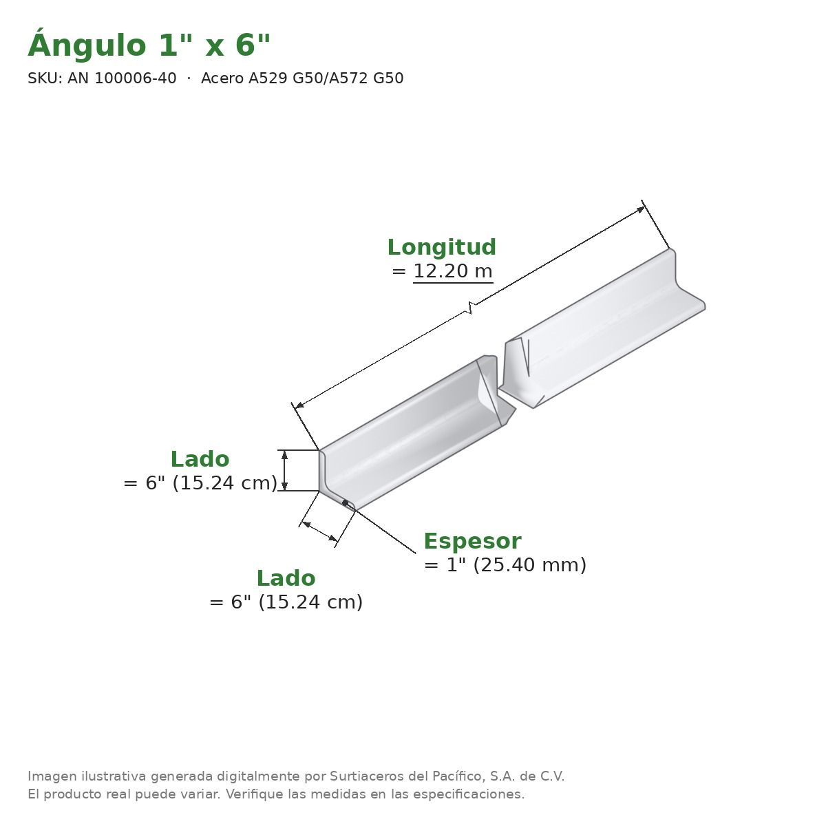 Ángulo 1" x 6" x 12.20 m - Acero A529 G50/A572 G50 - medidas