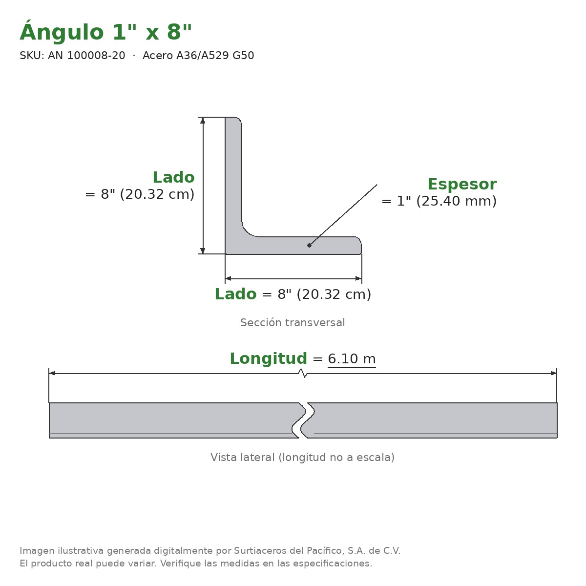 Ángulo 1" x 8" x 6.10 m - Acero A36/A529 G50 - sección transversal
