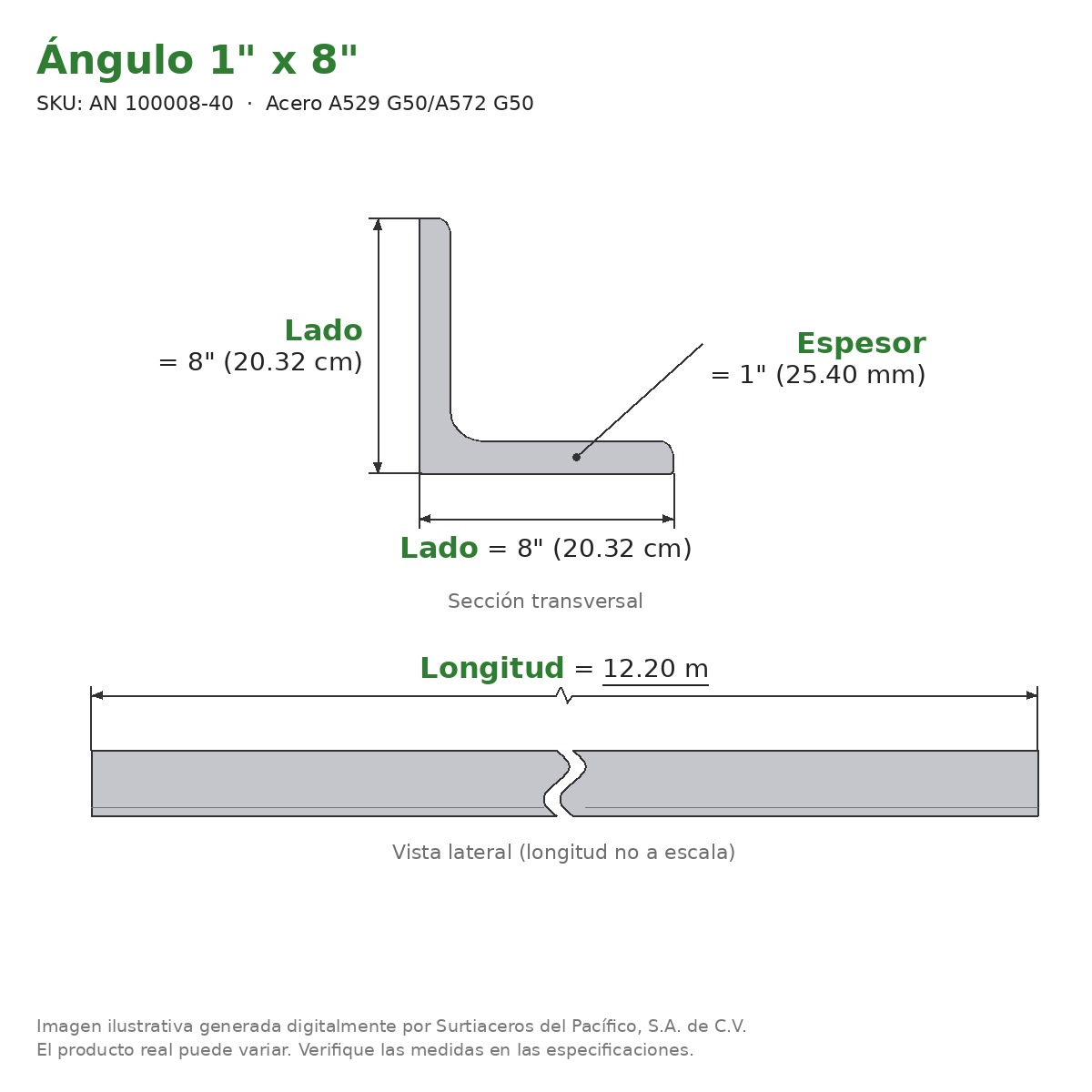 Ángulo 1" x 8" x 12.20 m - Acero A529 G50/A572 G50 - sección transversal