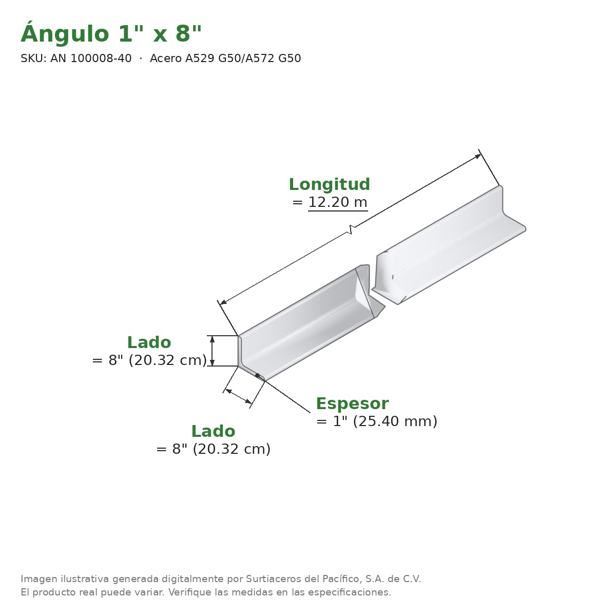 Ángulo 1" x 8" x 12.20 m - Acero A529 G50/A572 G50 - medidas
