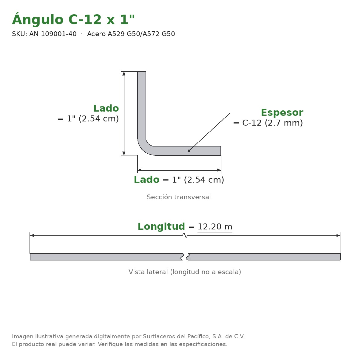 Ángulo C-12 x 1" x 12.20 m - Acero A529 G50/A572 G50 - sección transversal