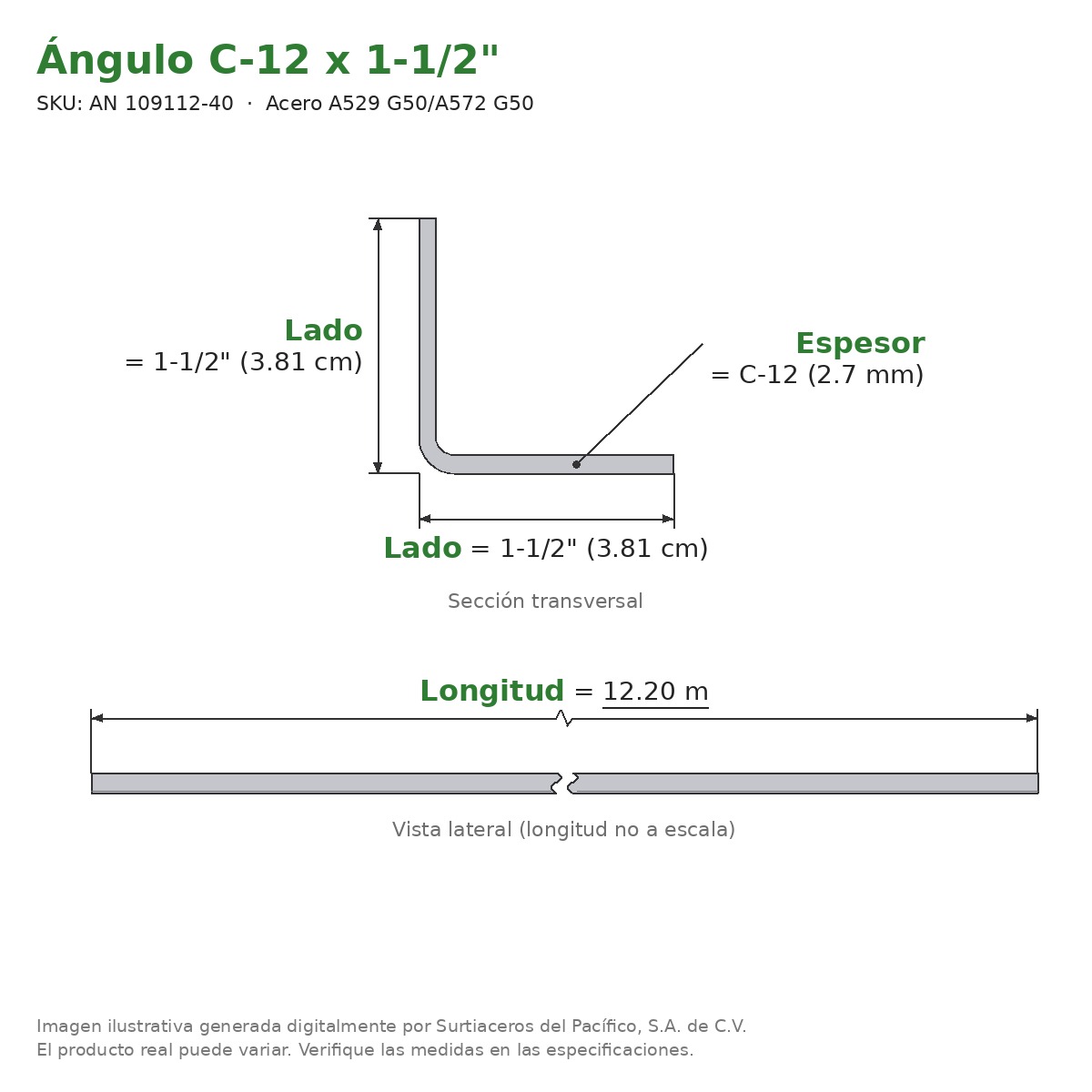 Ángulo C-12 x 1-1/2" x 12.20 m - Acero A529 G50/A572 G50 - sección transversal