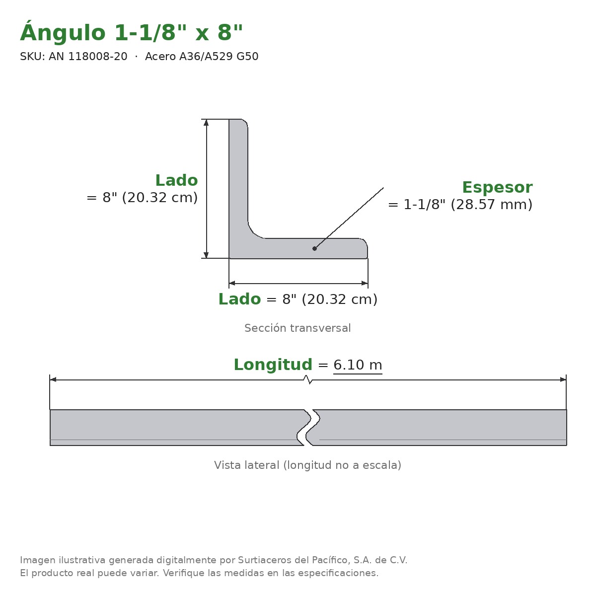 Ángulo 1-1/8" x 8" x 6.10 m - Acero A36/A529 G50 - sección transversal