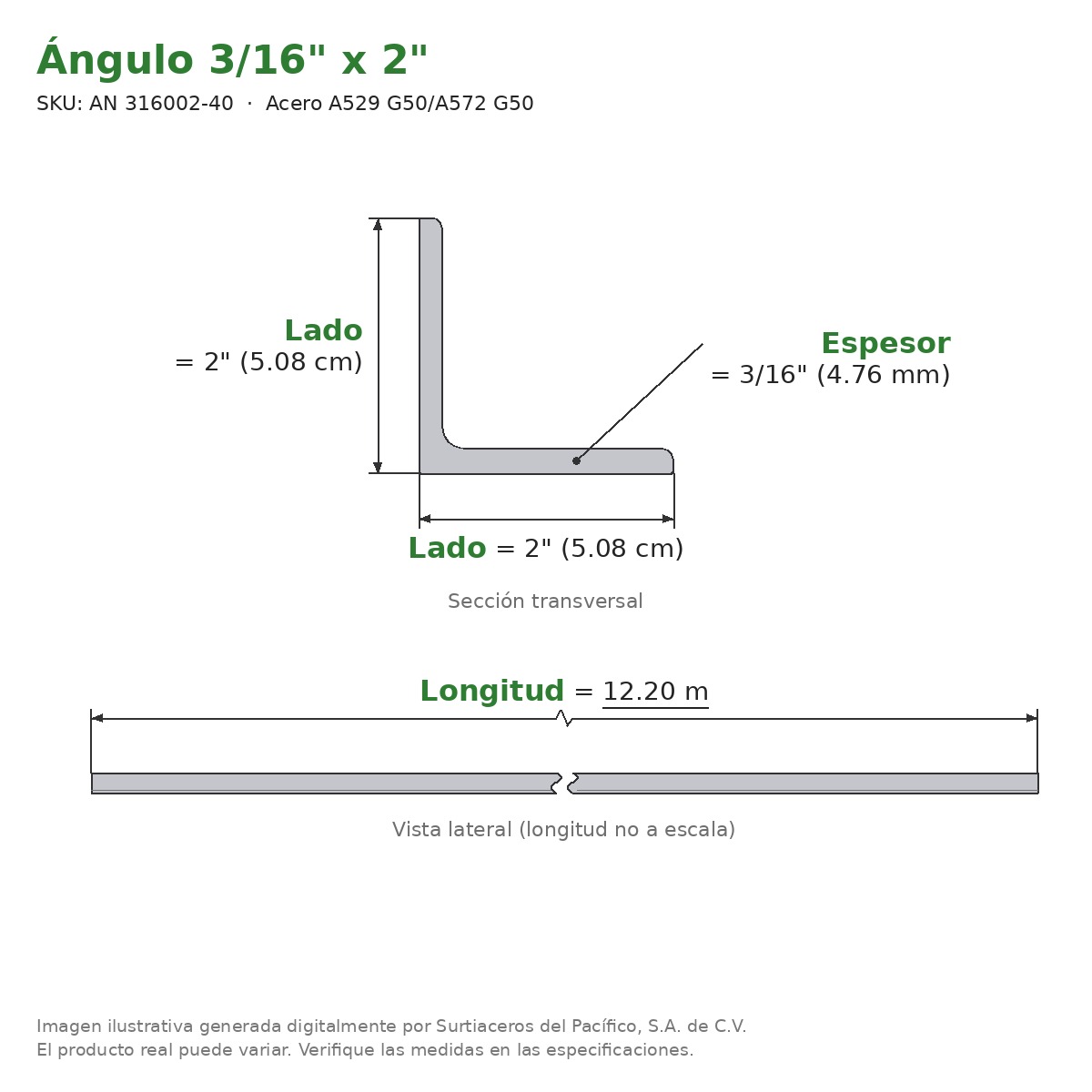 Ángulo 3/16" x 2" x 12.20 m - Acero A529 G50/A572 G50 - sección transversal
