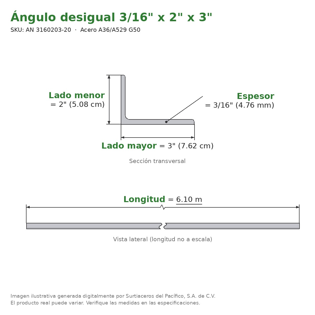 Ángulo desigual 3/16" x 2" x 3" x 6.10 m - Acero A36/A529 G50 - sección transversal