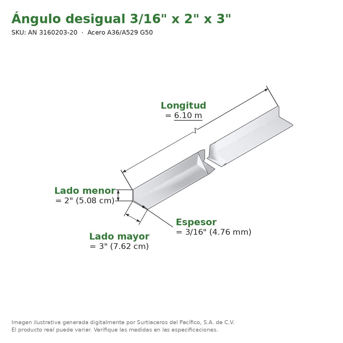 Ángulo desigual 3/16" x 2" x 3" x 6.10 m - Acero A36/A529 G50 - medidas