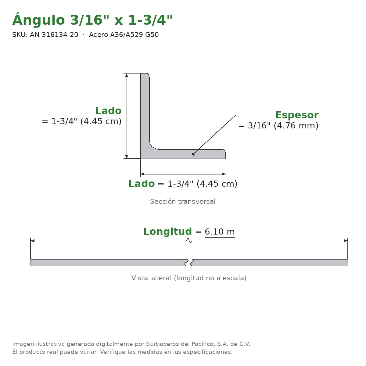 Ángulo 3/16" x 1-3/4" x 6.10 m - Acero A36/A529 G50 - sección transversal