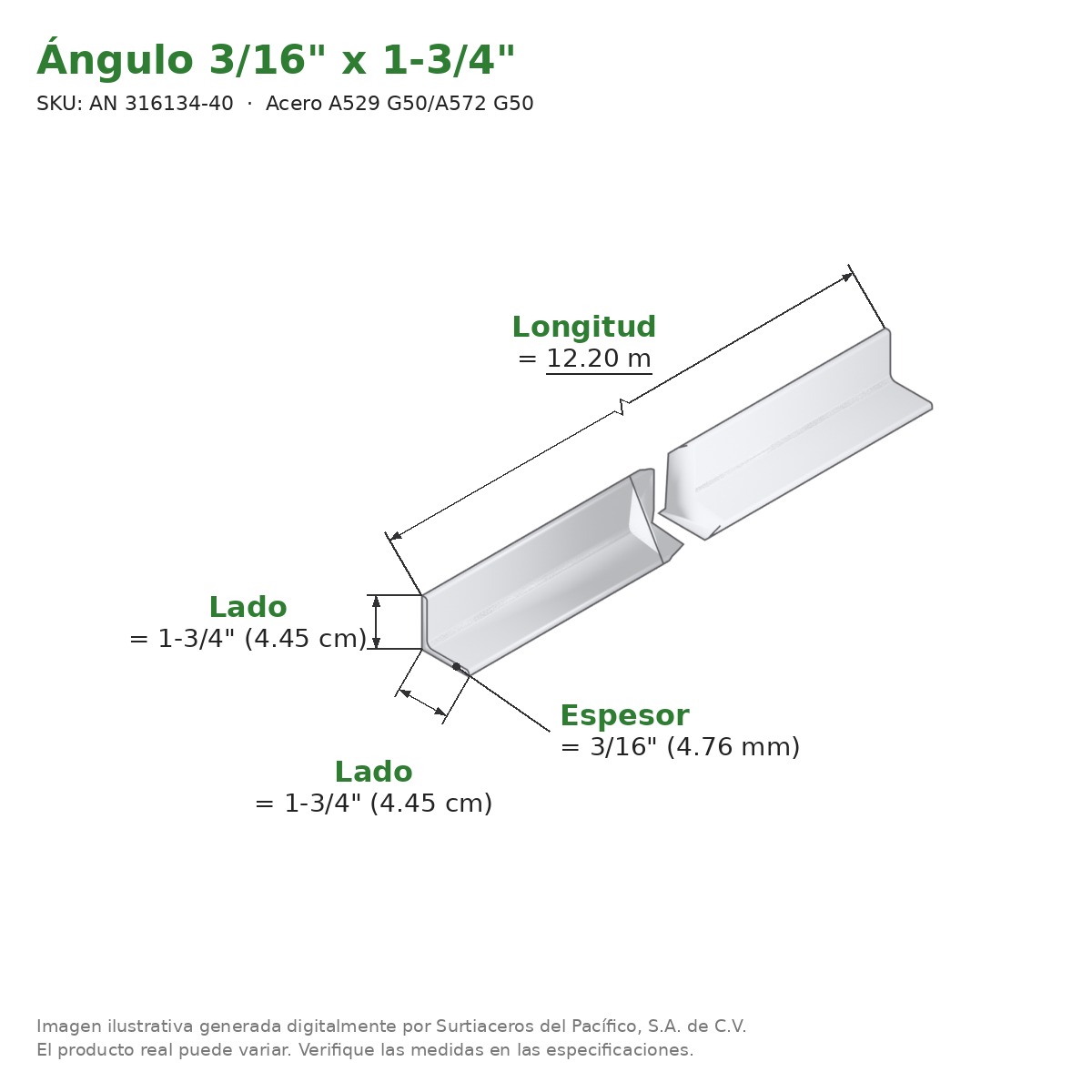Ángulo 3/16" x 1-3/4" x 12.20 m - Acero A529 G50/A572 G50 - medidas