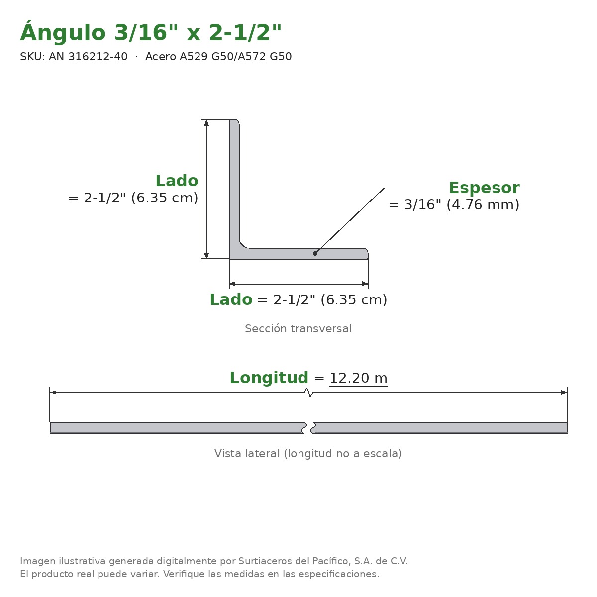 Ángulo 3/16" x 2-1/2" x 12.20 m - Acero A529 G50/A572 G50 - sección transversal