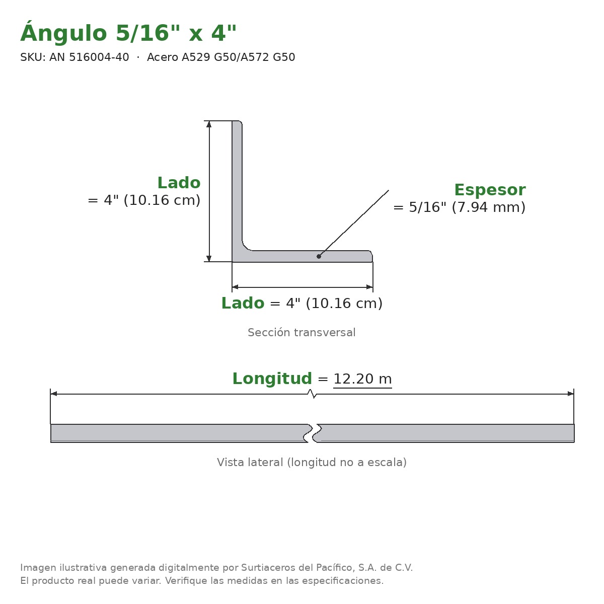 Ángulo 5/16" x 4" x 12.20 m - Acero A529 G50/A572 G50 - sección transversal