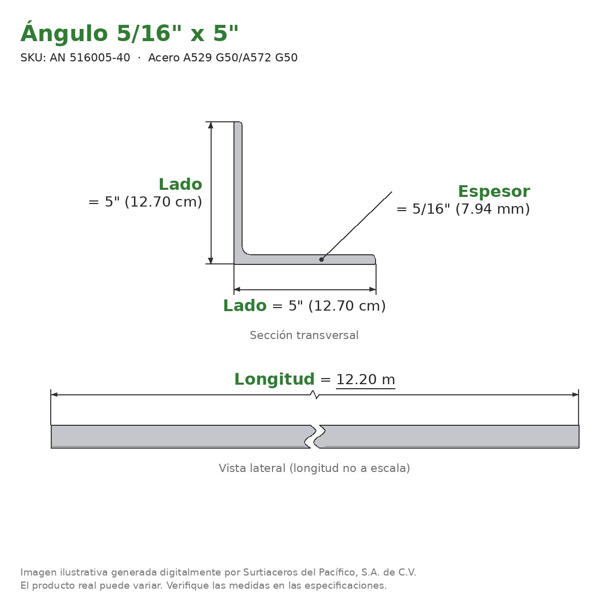 Ángulo 5/16" x 5" x 12.20 m - Acero A529 G50/A572 G50 - sección transversal