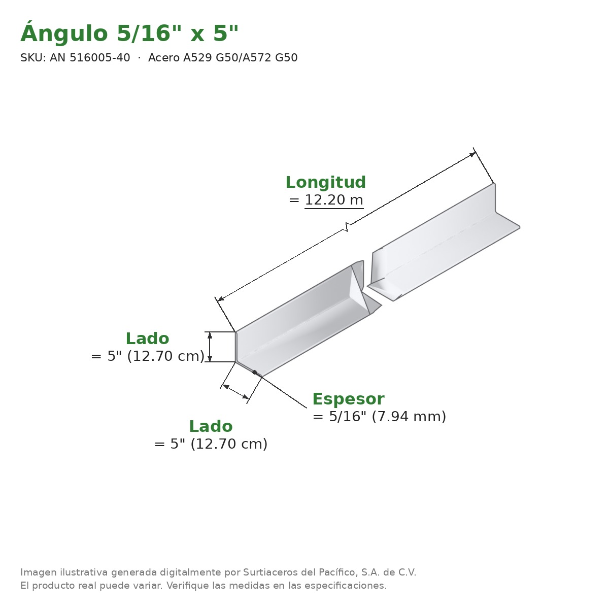 Ángulo 5/16" x 5" x 12.20 m - Acero A529 G50/A572 G50 - medidas