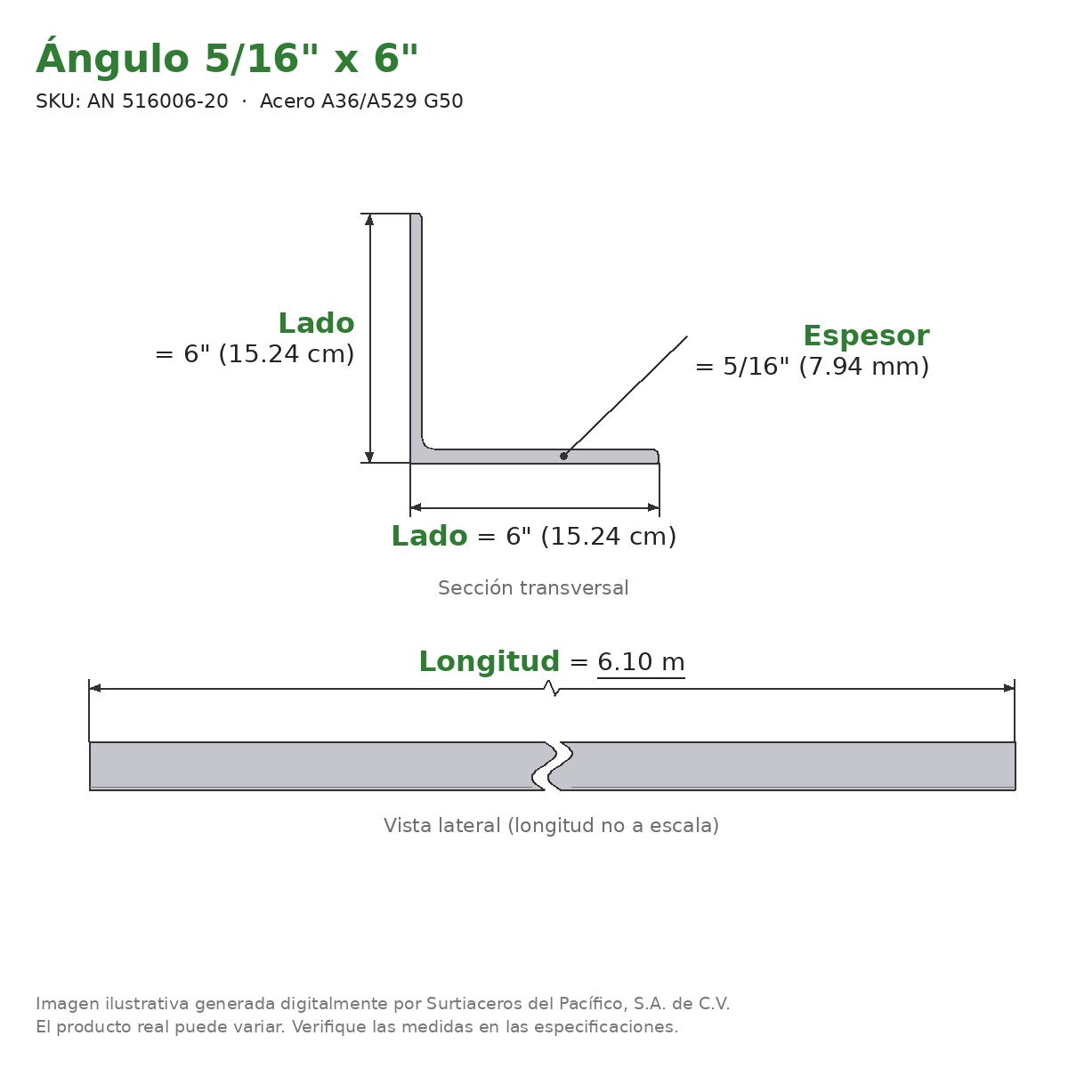 Ángulo 5/16" x 6" x 6.10 m - Acero A36/A529 G50 - sección transversal