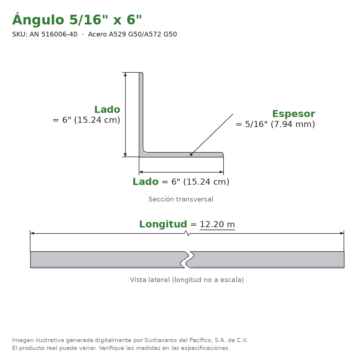 Ángulo 5/16" x 6" x 12.20 m - Acero A529 G50/A572 G50 - sección transversal