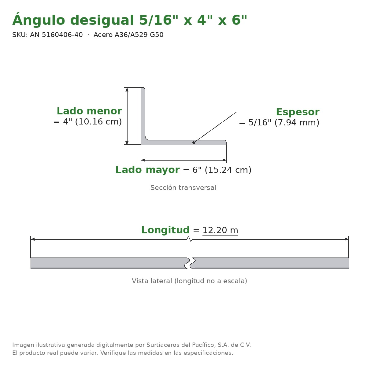 Ángulo desigual 5/16" x 4" x 6" x 12.20 m - Acero A36/A529 G50 - sección transversal