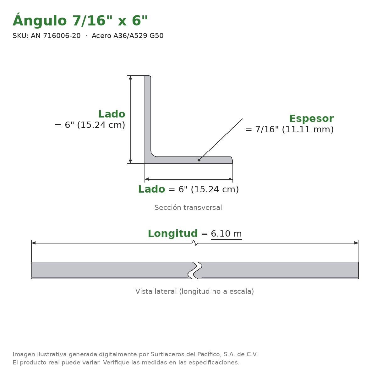 Ángulo 7/16" x 6" x 6.10 m - Acero A36/A529 G50 - sección transversal