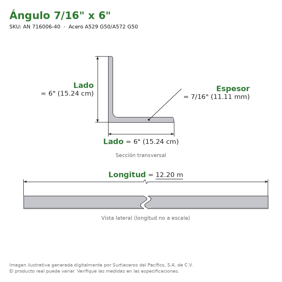 Ángulo 7/16" x 6" x 12.20 m - Acero A529 G50/A572 G50 - sección transversal