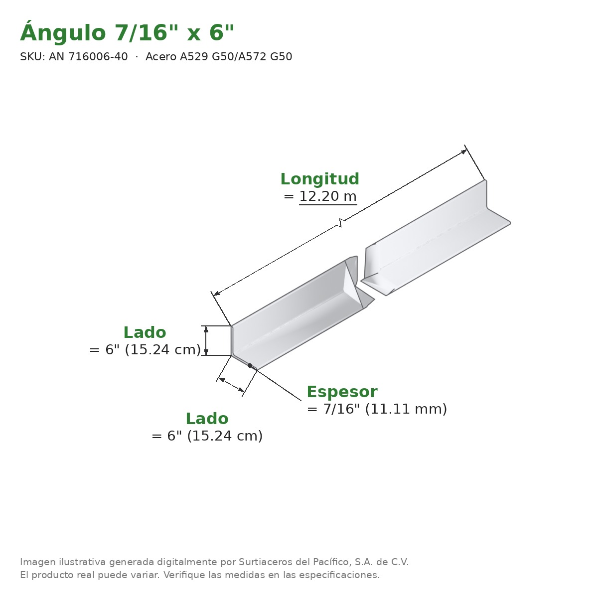 Ángulo 7/16" x 6" x 12.20 m - Acero A529 G50/A572 G50 - medidas