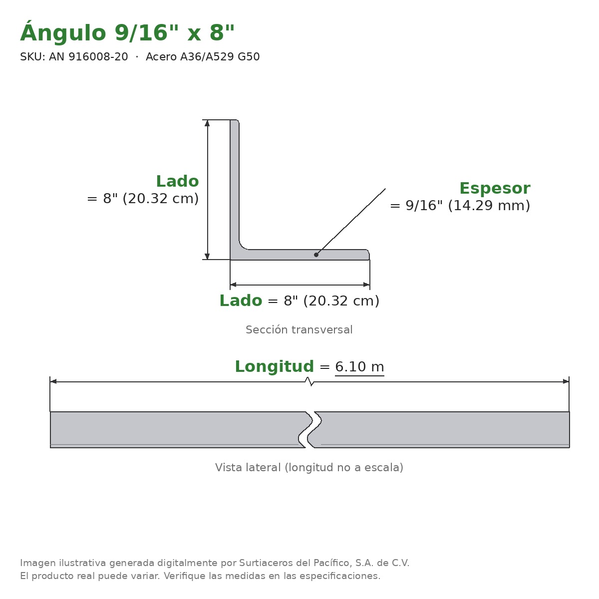 Ángulo 9/16" x 8" x 6.10 m - Acero A36/A529 G50 - sección transversal