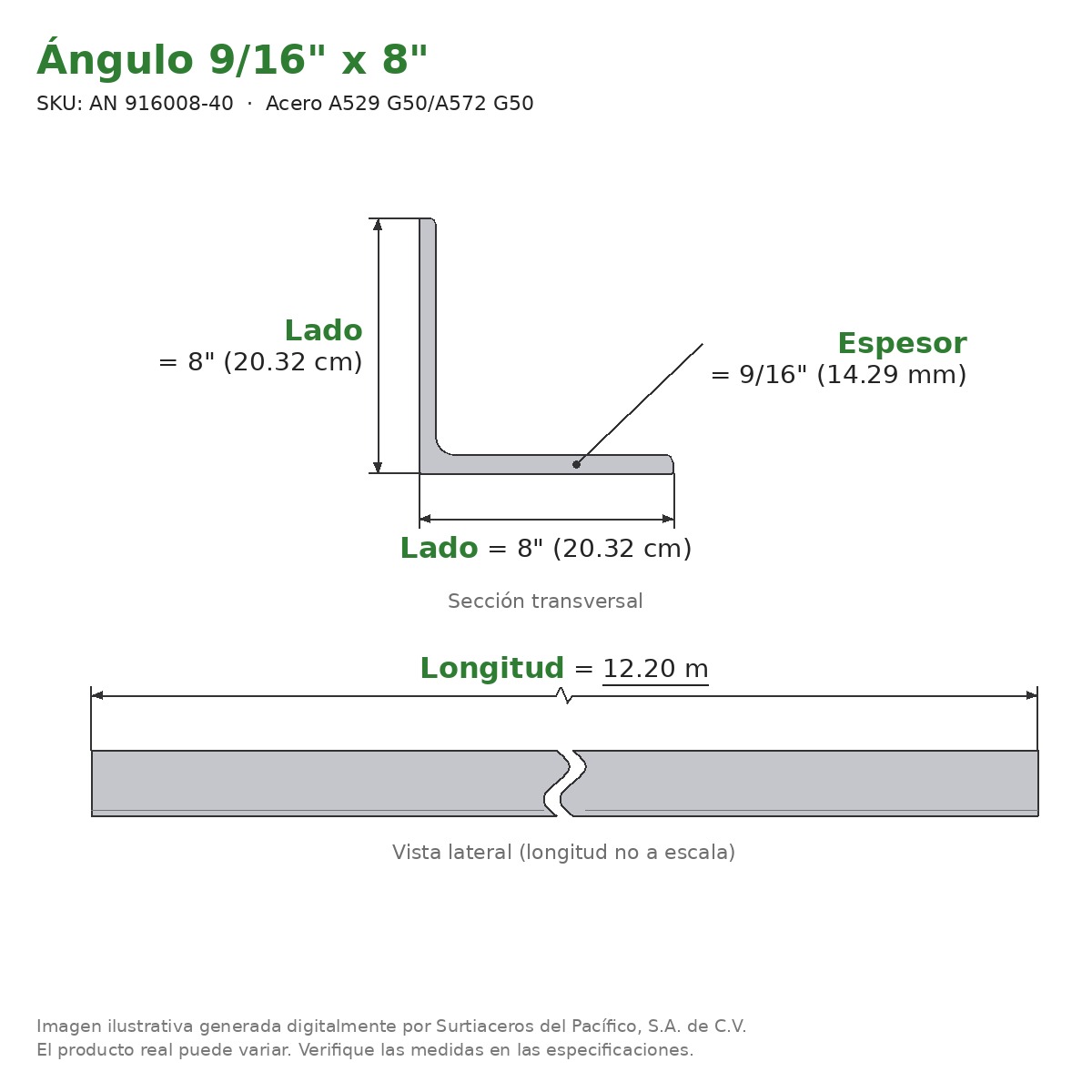 Ángulo 9/16" x 8" x 12.20 m - Acero A529 G50/A572 G50 - sección transversal