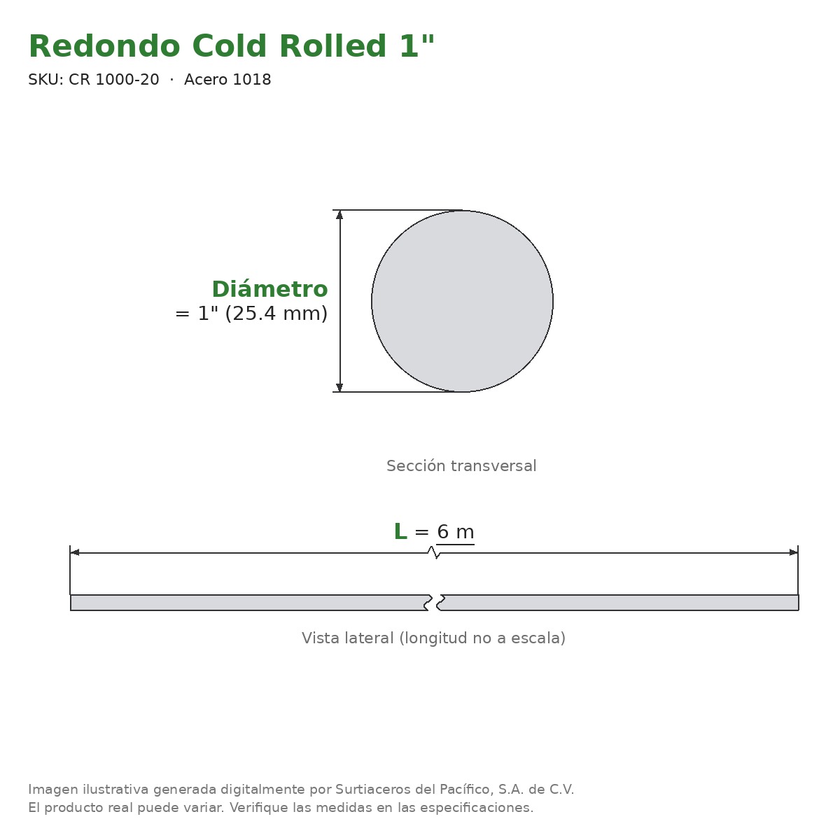 Redondo Cold Rolled 1" x 6.10 m - Acero 1018 - sección transversal