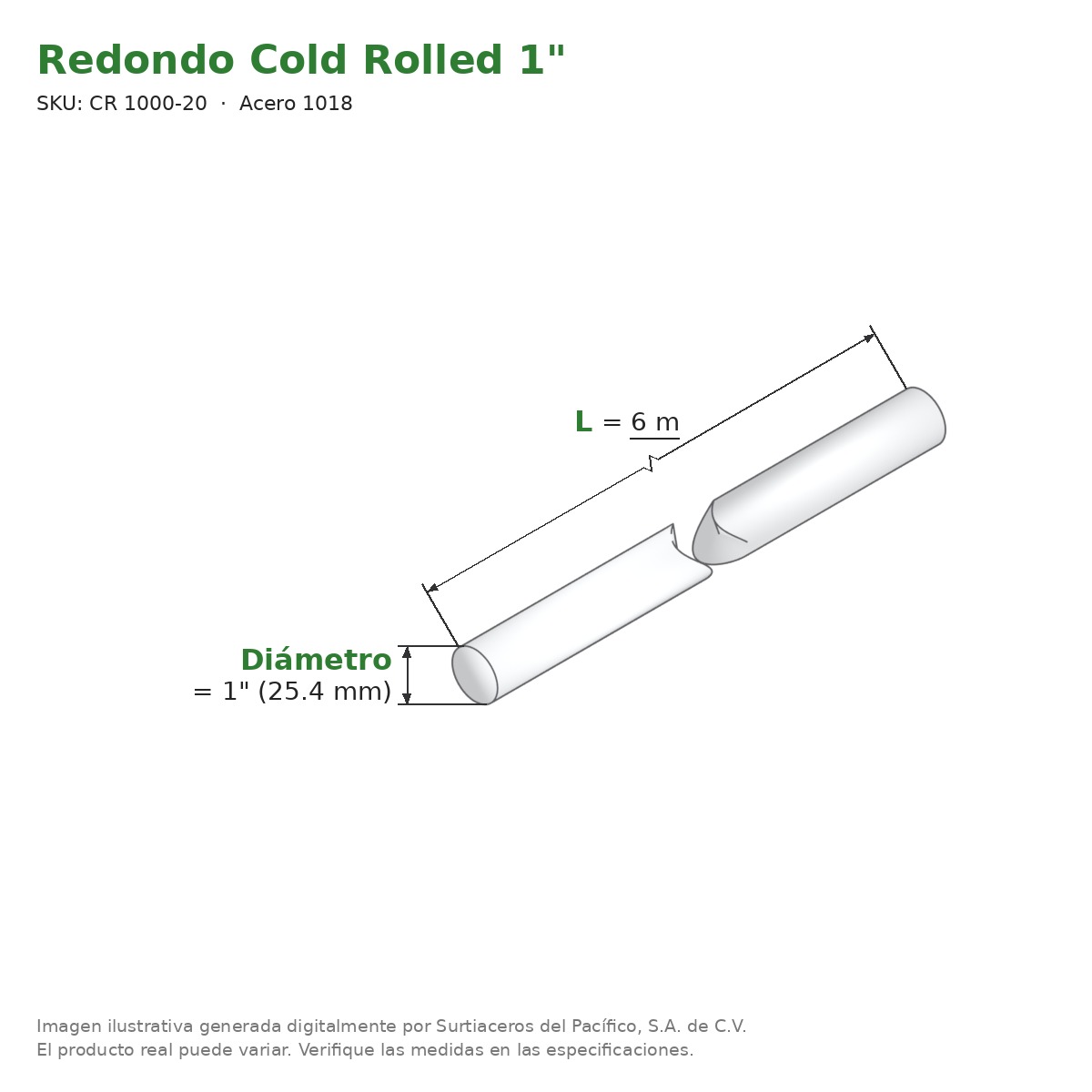 Redondo Cold Rolled 1" x 6.10 m - Acero 1018 - medidas