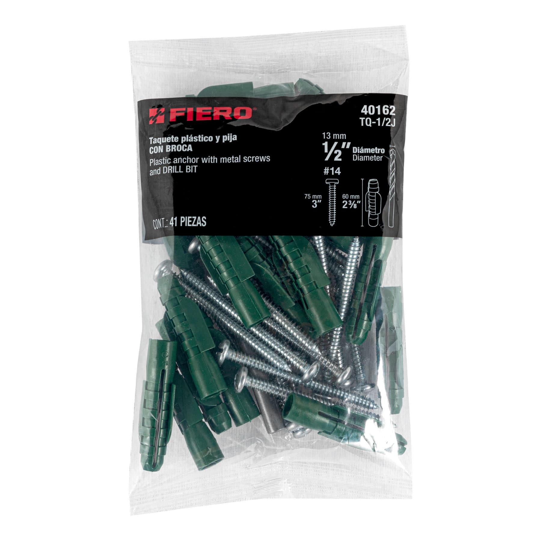Kit de 20 taquetes 1/2" con pijas #14 y 1 broca 1/2", FIERO (40162)