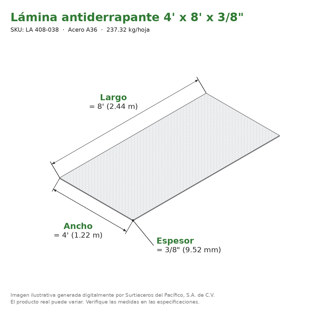 Lámina antiderrapante 4' x 8' x 3/8" - Acero A36 - medidas