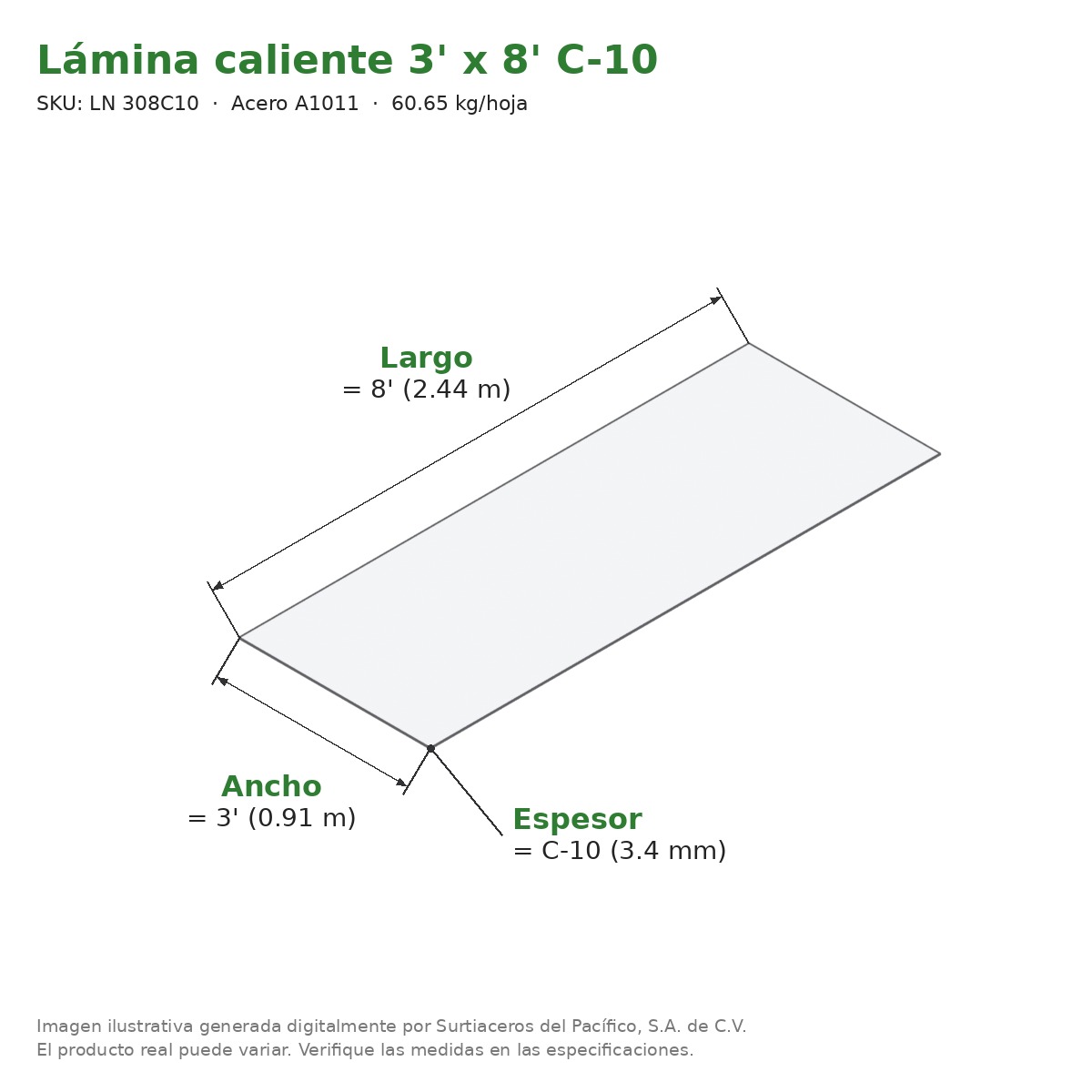 Lámina caliente 3' x 8' C-10 - Acero A1011 - medidas