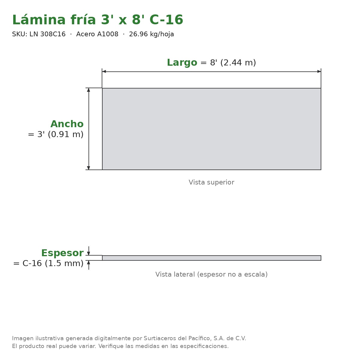 Lámina fría 3' x 8' C-16 - Acero A1008 - sección transversal
