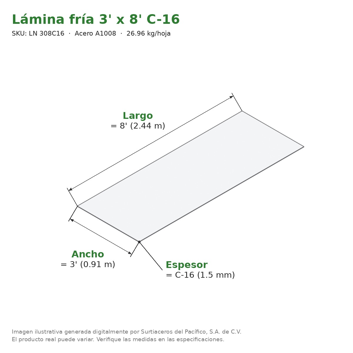 Lámina fría 3' x 8' C-16 - Acero A1008 - medidas