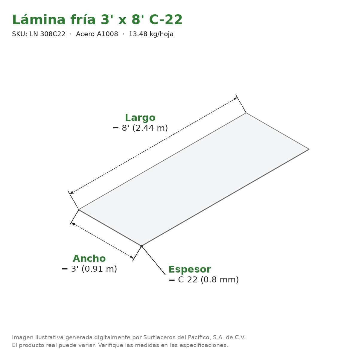Lámina fría 3' x 8' C-22 - Acero A1008 - medidas