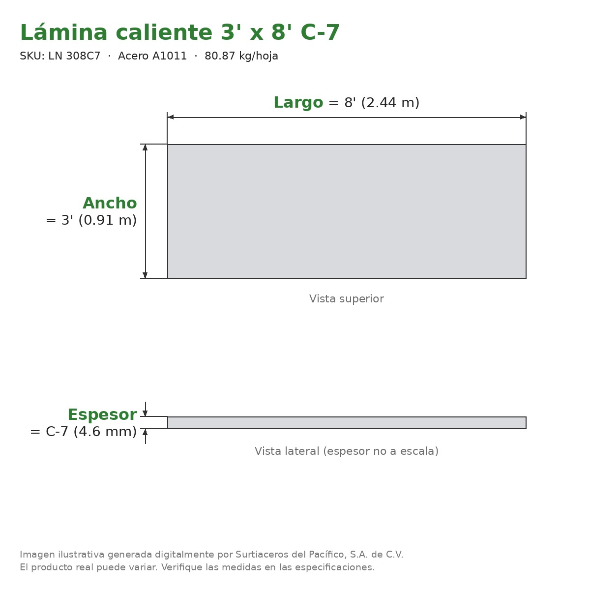 Lámina caliente 3' x 8' C-7 - Acero A1011 - sección transversal