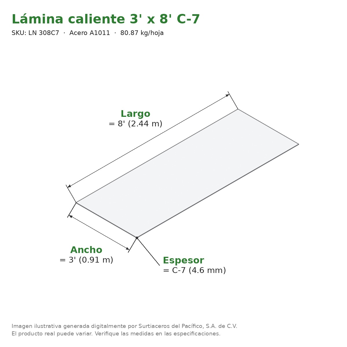 Lámina caliente 3' x 8' C-7 - Acero A1011 - medidas