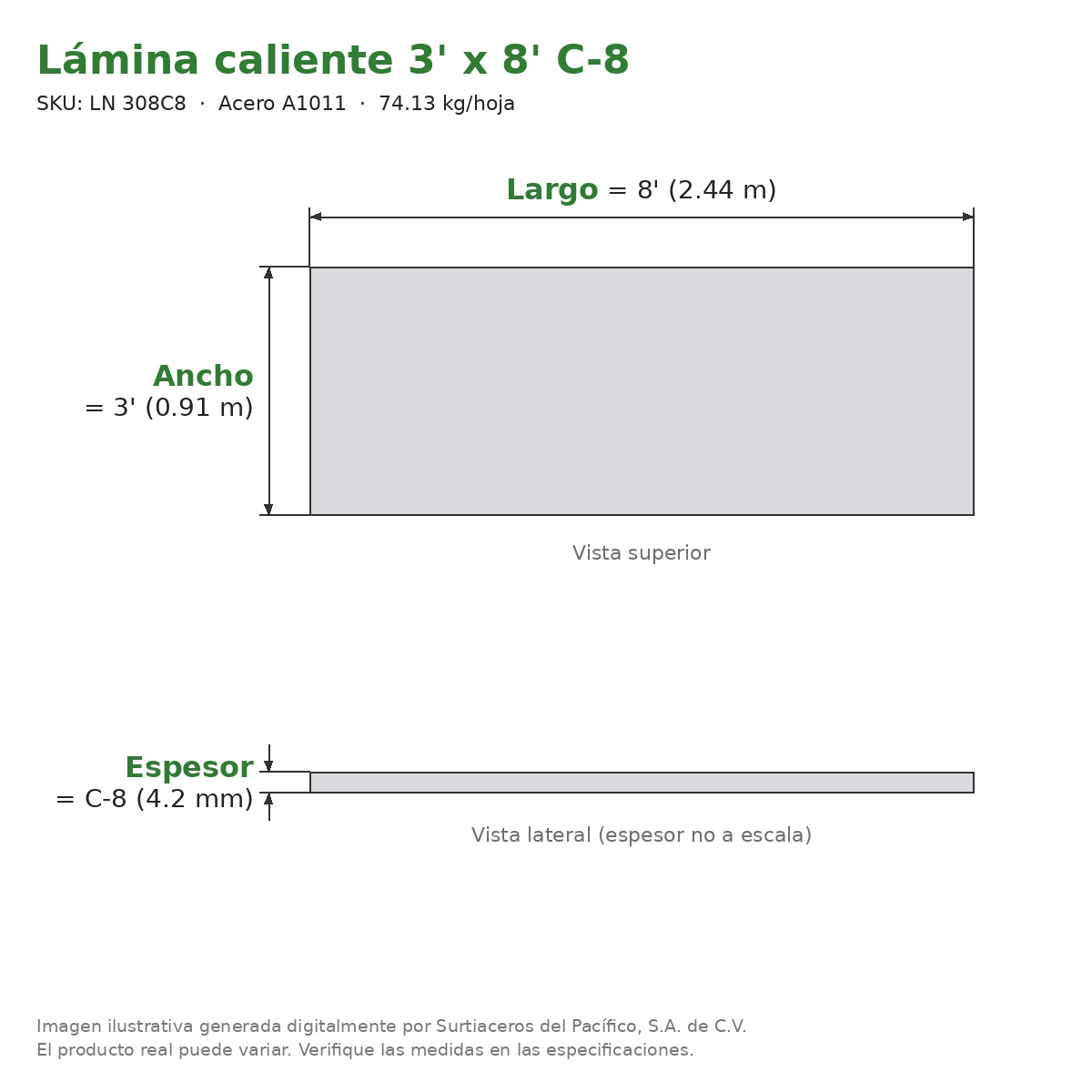 Lámina caliente 3' x 8' C-8 - Acero A1011 - sección transversal