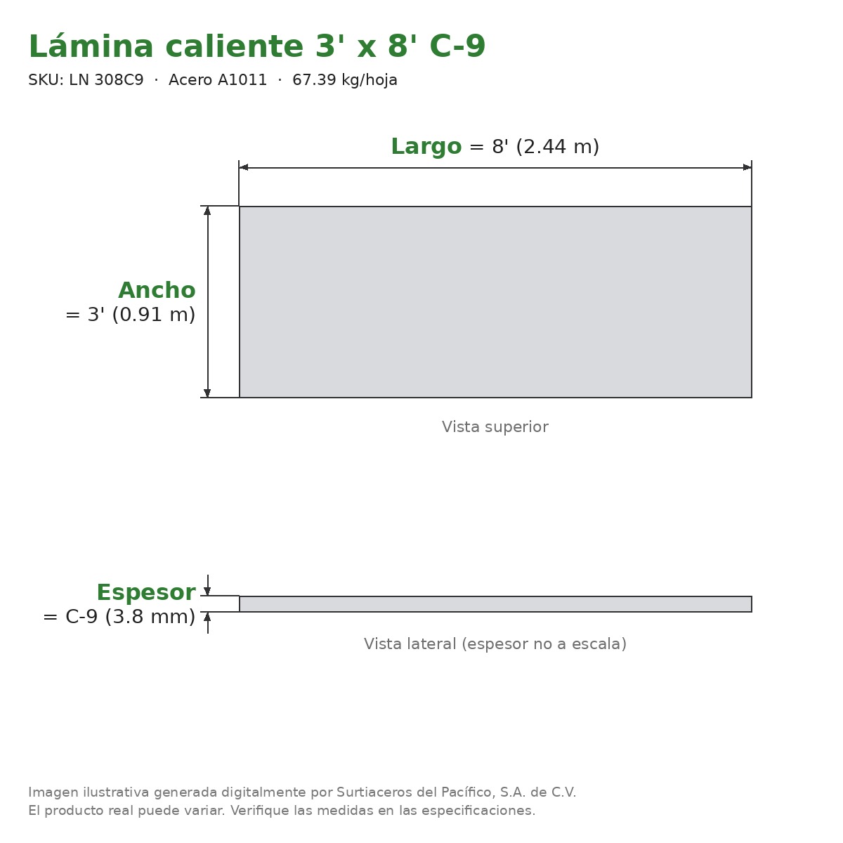 Lámina caliente 3' x 8' C-9 - Acero A1011 - sección transversal