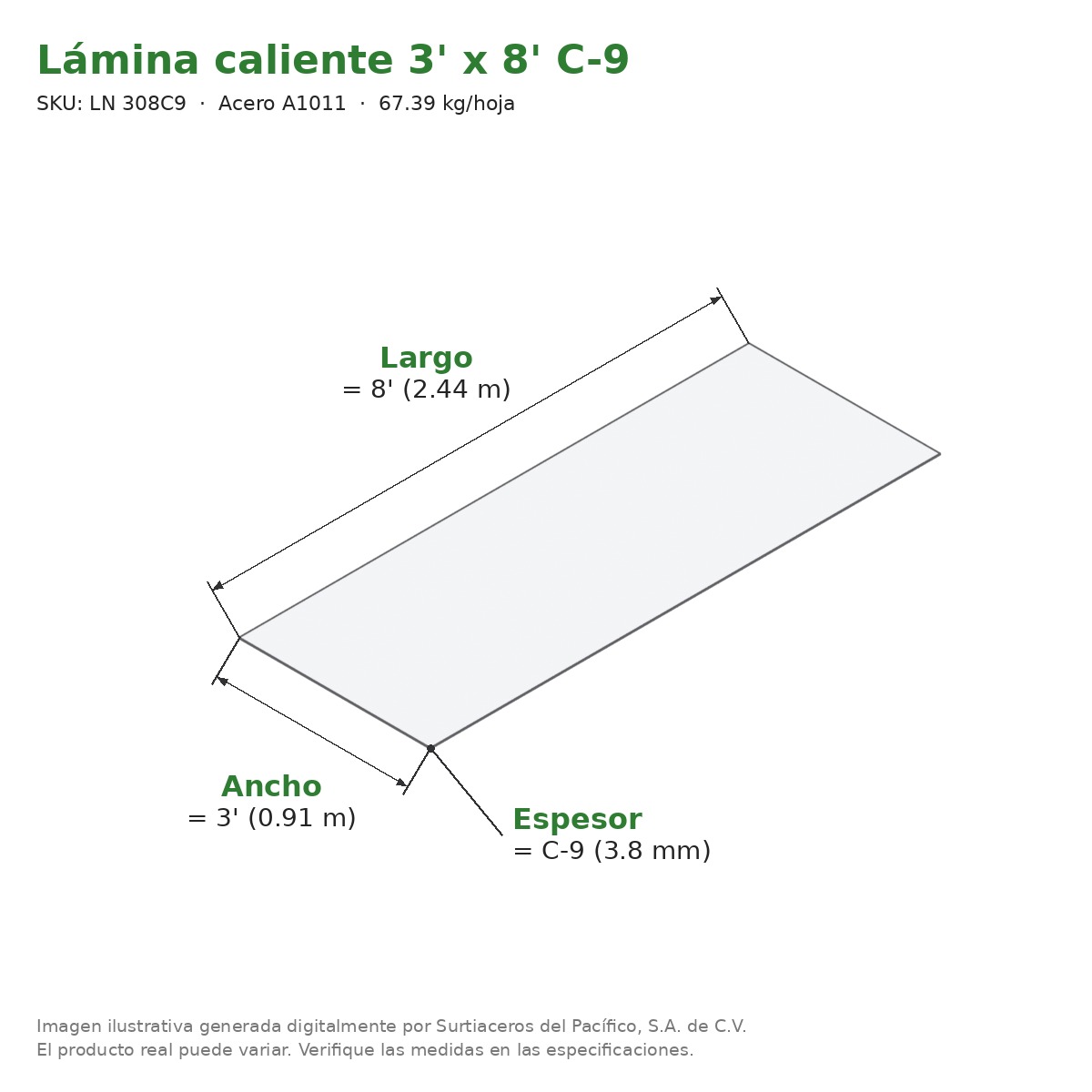 Lámina caliente 3' x 8' C-9 - Acero A1011 - medidas