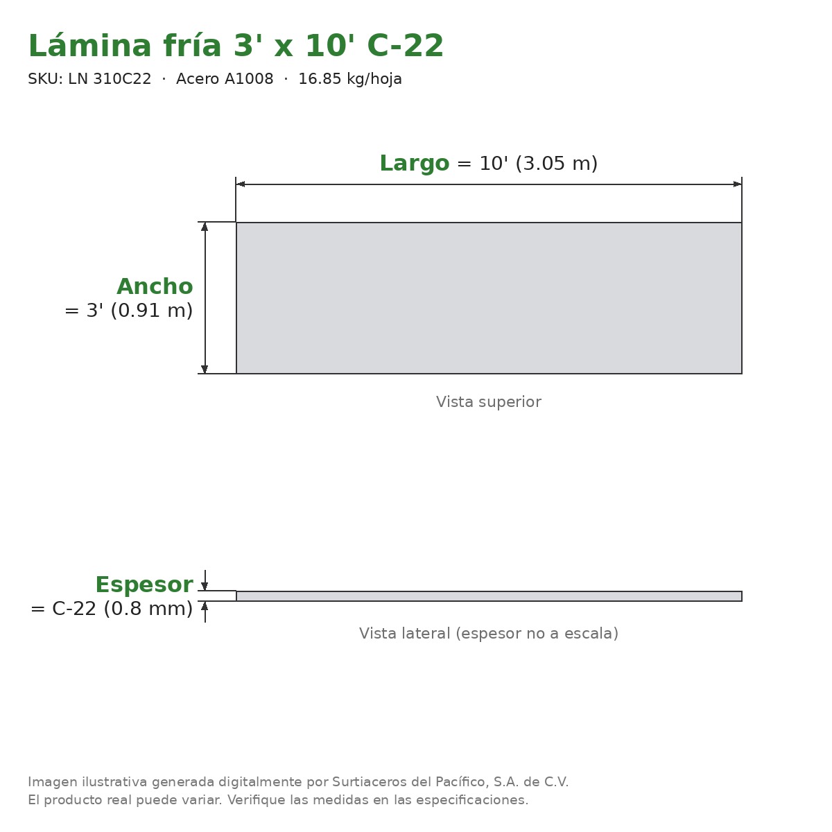 Lámina fría 3' x 10' C-22 - Acero A1008 - sección transversal