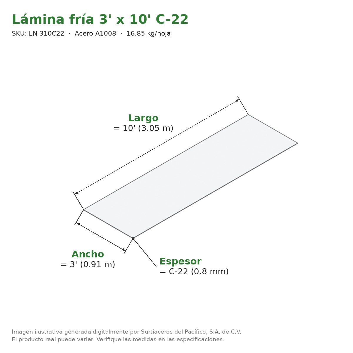 Lámina fría 3' x 10' C-22 - Acero A1008 - medidas