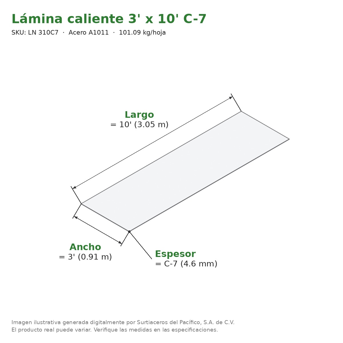 Lámina caliente 3' x 10' C-7 - Acero A1011 - medidas