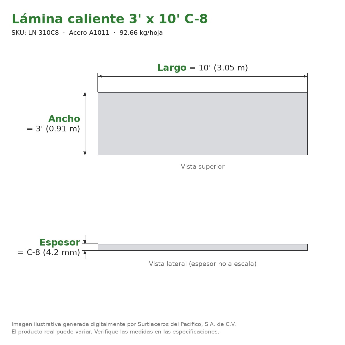 Lámina caliente 3' x 10' C-8 - Acero A1011 - sección transversal