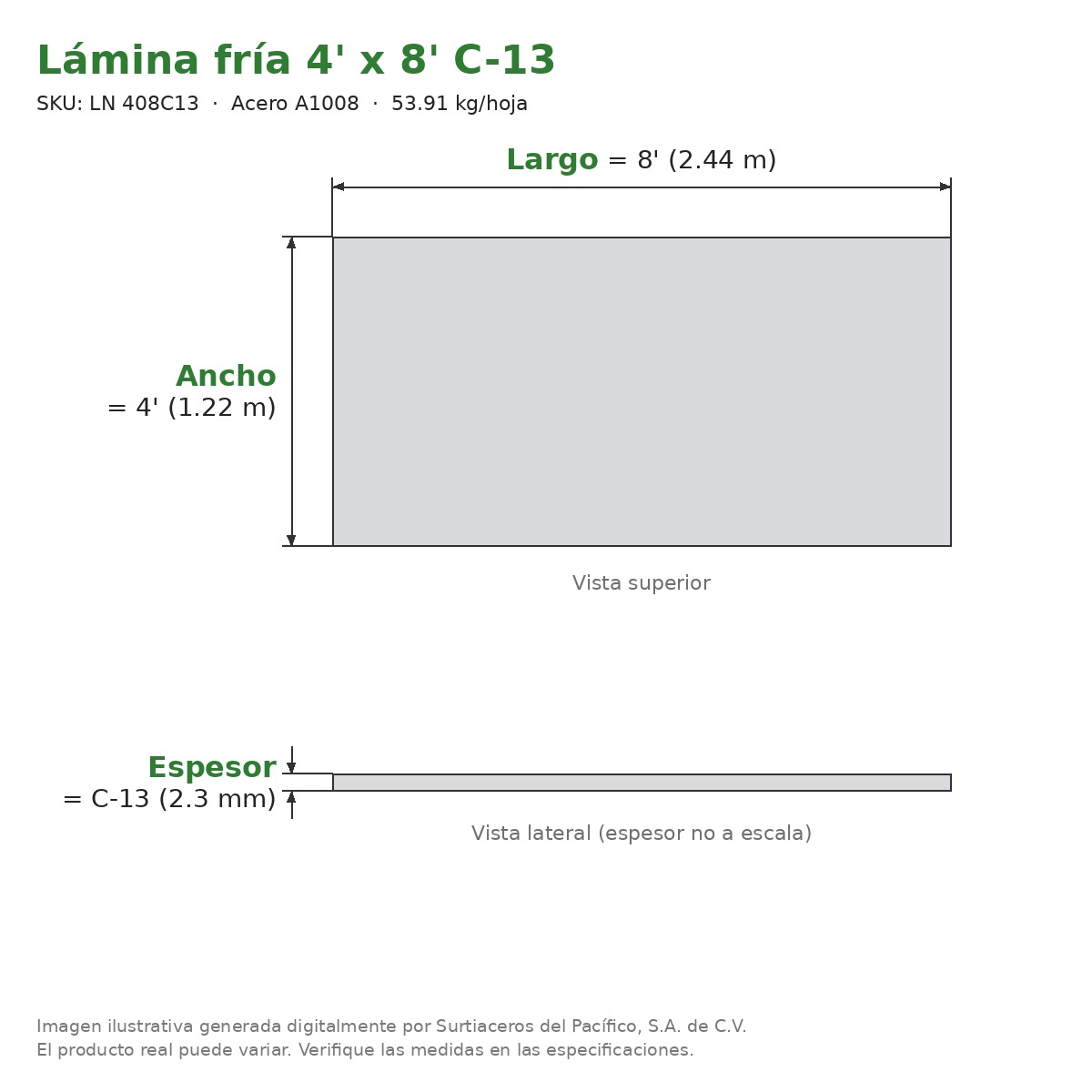 Lámina fría 4' x 8' C-13 - Acero A1008 - sección transversal